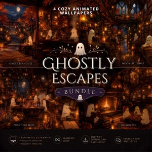 Bundle Fondos de Pantalla Animados Cosy: Ghostly Escapes | 4 Fantasmas Kawaii Halloween Tiernos, Fondo OBS & Twitch