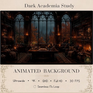 以下が含まれることがあります： Dark Academia Studyと題されたアニメーション背景。高いアーチ型の窓、本棚、革張りのアームチェア、開いた本が置かれたデスク、暖炉がある図書室が描かれています。テキスト：Ultrawide、4K、QHD、Full HD、30 FPS、Seamless 17s Loop。