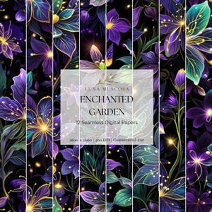 Enchanted Garden Digital Paper | Glowing Violet Floral Backgrounds, Mystical Fairy Forest Patterns, Seamless Night Bloom Textures