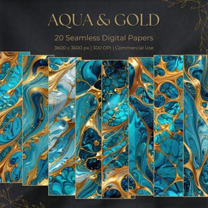 Può includere: Una collezione digitale intitolata AQUA & GOLD con 20 carte digitali senza giunture da 3600 x 3600 px e 300 DPI. L'immagine mostra pannelli verticali con motivi vorticosi in oro metallizzato e sfumature di blu, turchese e verde acqua.