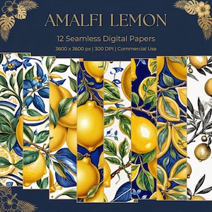 Könnte beinhalten: Eine Sammlung von 12 nahtlosen digitalen Papieren mit dem Titel AMALFI LEMON, die verschiedene Muster aus gelben Zitronen, grünen Blättern und blauem Laub auf weißem und dunkelblauem Hintergrund zeigen. Text: 3600 x 3600 px und 300 DPI.