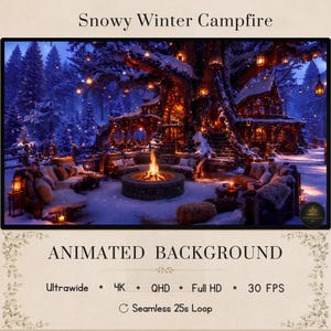 Könnte beinhalten: Ein animierter Hintergrund mit dem Titel Snowy Winter Campfire, der eine steinerne Feuerstelle mit heller orangefarbener Flamme zeigt, umgeben von Sitzgelegenheiten, einer Holzstruktur und hängenden Laternen in einem verschneiten Wald, beschriftet mit Ultrawide 4K QHD Full HD 30 FPS.