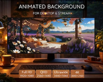 Lavendelveld Live Wallpaper 4K en ultrabreedbeeld: gezellige anime-terras geanimeerde achtergrond | Lavender Creek Sanctuary