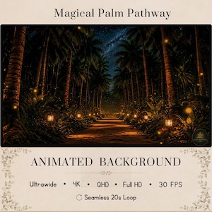 Può includere: Uno sfondo animato intitolato Magical Palm Pathway che mostra una scena notturna di un sentiero sterrato fiancheggiato da alte palme e lanterne luminose. Il cielo stellato mostra una galassia. Testo incluso: Ultrawide, 4K, QHD, Full HD, 30 FPS.