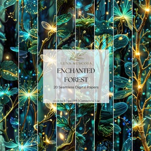 May include: A collection of 20 seamless digital papers titled Luna Muscosa Enchanted Forest, featuring glowing teal and gold bioluminescent flora, winged insects, and intricate branches on a dark background, measuring 12x12 inches at 300 DPI.