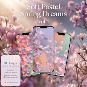 Może przedstawiać: Trzy smartfony wyświetlające kwiatowe wzory w miękkich pastelowych kolorach. Obraz zawiera tekst "Soft Pastel Spring Dreams Vol. 1" oraz szczegóły dotyczące wzorów, w tym "10 Designs" i "Optimized Versions for iPhone & Android."
