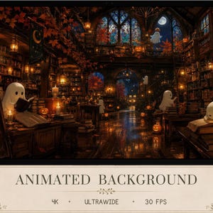 May include: An animated digital background featuring a library interior with bookshelves, glowing lanterns, and small white ghosts. A sign reads Moonlit Tomes Books, Spells and Curiosities Est. 1327. The scene includes autumn leaves and pumpkins.