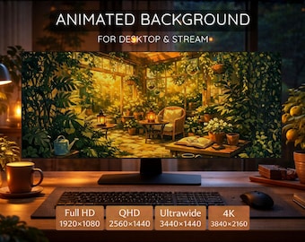 Gezellige tuinruimte live wallpaper 4K – geanimeerde desktop achtergrond, Full HD QHD Ultrawide, zonnig botanisch interieur loop