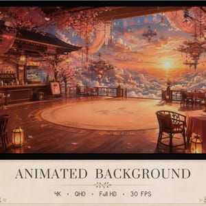 May include: An animated background featuring a digital illustration of an open-air terrace with wooden flooring, tables, chairs, and cherry blossom trees. The scene overlooks a sunset sky filled with clouds and floating structures. Text reads: ANIMATED BACKGROUND 4K QHD Full HD 30 FPS.
