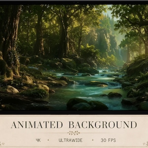 Può includere: Uno sfondo animato che raffigura un paesaggio forestale lussureggiante con un fiume, rocce coperte di muschio e una cascata in lontananza. Il testo recita ANIMATED BACKGROUND, 4K, ULTRAWIDE, 30 FPS, con un piccolo logo circolare in basso a destra.