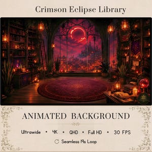Puede incluir: Una ilustración digital titulada Crimson Eclipse Library que presenta un fondo animado de una biblioteca oscura con estanterías, una alfombra circular grande y una ventana gótica con vistas a un castillo iluminado en rojo bajo un eclipse solar.
