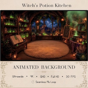 May include: An animated background titled Witch's Potion Kitchen featuring a room with shelves of glowing green bottles, an open book, a steaming cauldron, and a large round rug. The scene includes a view of a night landscape with a crescent moon.