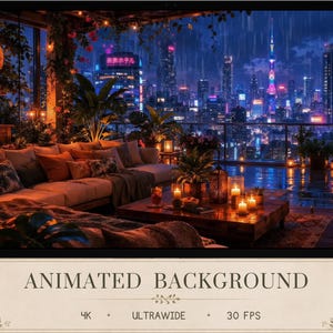 Op de afbeelding: Een geanimeerde achtergrond met een balkonlounge met bank, salontafel en planten die uitkijkt over een regenachtige stad bij nacht. De scène bevat gloeiende lantaarns, kaarsen en neonreclames met Japanse tekst in 4K-resolutie.