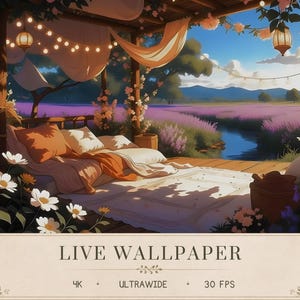 Puede incluir: Una ilustración digital de un cenador de madera con vistas a un campo de lavanda y un arroyo, con una cama con almohadas naranjas y blancas, luces de cadena y flores colgantes. El texto dice LIVE WALLPAPER, 4K, ULTRAWIDE, 30 FPS.