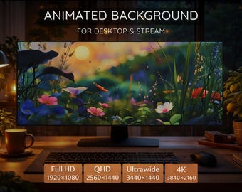 Geanimeerde lentemeadow live wallpaper – Bloeiend bloemenveld bij golden hour zonsondergang, 4K QHD ultrawide desktop achtergrond