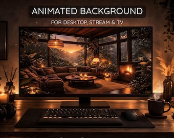 Geanimeerde achtergrond Cosy Rainy Forest Cabin – Open haard Ambience Live-achtergrond voor desktop, tv en stream