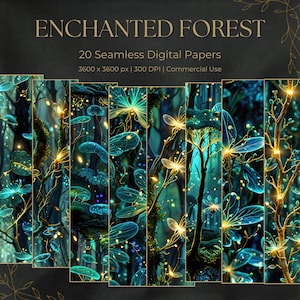 Zauberwald Digitales Papier Bundle – Düstere Botanische Hintergründe, Nahtlose Fantasy Muster, Glühwürmchen & Feengarten, Junk Journal