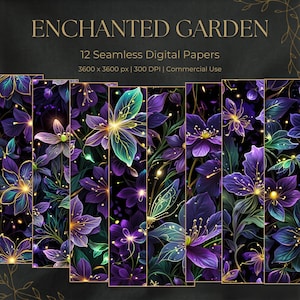 Enchanted Garden Digitalpapier | Leuchtende Violette Blumen Hintergründe, Mystische Feenwald Muster, Nahtlose Nachtblüten Texturen