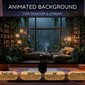 Puede incluir: Un monitor de ordenador muestra un fondo animado. La escena presenta un interior acogedor con una ventana que da a una escena exterior lluviosa. El texto en la pantalla dice "ANIMATED BACKGROUND FOR DESKTOP & STREAM" con opciones de resolución.