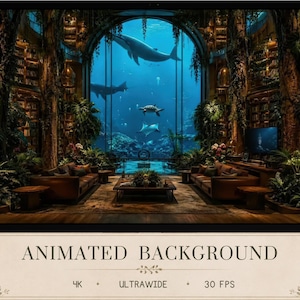 Può includere: Uno sfondo animato che mostra l'interno di una biblioteca con divani in pelle marrone, piante verdi e una grande finestra ad arco su una scena sottomarina con una balena, una tartaruga marina e uno squalo. Testo: ANIMATED BACKGROUND 4K ULTRAWIDE 30 FPS.