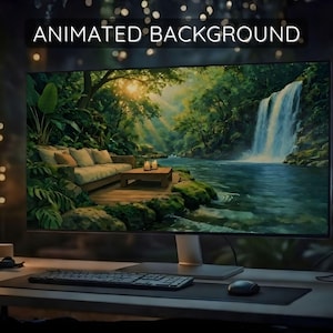 Puede incluir: Un monitor de ordenador muestra un fondo animado de una escena tropical con una cascada, un sofá y una mesa. El texto "ANIMATED BACKGROUND" está en la parte superior. Un teclado, un ratón y una torre de ordenador están en el escritorio.