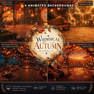Könnte beinhalten: Ein digitales Paket mit vier animierten herbstlichen Hintergründen unter dem Titel Whimsical Autumn Bundle. Die Szenen zeigen ein Teehaus, eine Oase, eine Laternen-Lounge und ein Baumhaus, jeweils in warmen Farben und herbstlichem Licht.