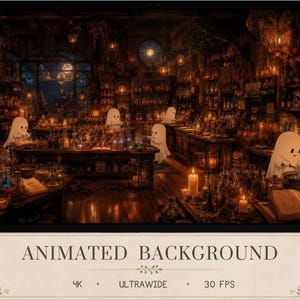 Puede incluir: Un fondo animado con varios fantasmas blancos pequeños en una botica rústica y poco iluminada, llena de frascos de vidrio, velas y libros abiertos. El texto incluye ANIMATED BACKGROUND, 4K, ULTRAWIDE y 30 FPS.