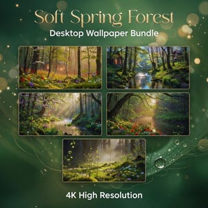 May include: A digital bundle of five landscape images titled Soft Spring Forest Desktop Wallpaper Bundle 4K High Resolution. The collection features lush green forest scenes with streams, sunlight filtering through trees, and colourful wildflowers.