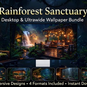 Conjunto de papéis de parede Santuário na Floresta Chuvosa | 10 fundos de tela aconchegantes para desktop | 4K e Ultrawide | Arte mágica de floresta escura | Download instantâneo
