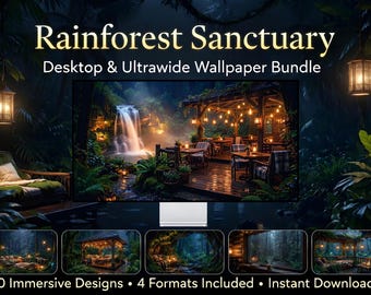 Behangset Rainy Forest Sanctuary | 10 Cosy Cabin-bureaubladachtergronden | 4K en ultrabreedbeeld | Magische kunst uit het donkere bos | Direct downloaden