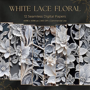 Papel Digital White Lace Floral, Fondos Botánicos Elegantes, Patrones de Boda Sin Costuras
