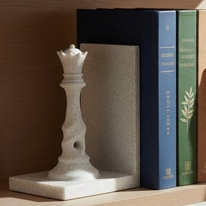 May include: A wooden shelf displays a white marble chess piece bookend and three books. The books are in navy blue, green, and tan. A person's hand reaches for the books. A cup of coffee and reading glasses are on a nearby table.