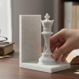 May include: A white marble chess king bookend set on a wooden desk. The bookend is next to a matching rectangular piece. A hand is holding the chess piece. Other items on the desk include a book, glasses, and a cup.
