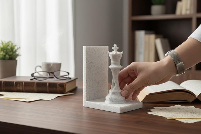 May include: A white marble chess king bookend set on a wooden desk. The bookend is next to a matching rectangular piece. A hand is holding the chess piece. Other items on the desk include a book, glasses, and a cup.