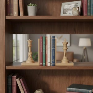 May include: Wooden bookshelf with books and decorative chess queen bookends. The bookends are light brown and carved in the shape of a queen chess piece. The books are various colors and sizes.