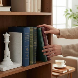 May include: A wooden bookshelf with books and a decorative chess piece. The books have blue, green, and burgundy covers. A white chess queen bookend is on the shelf. A person is arranging the books.