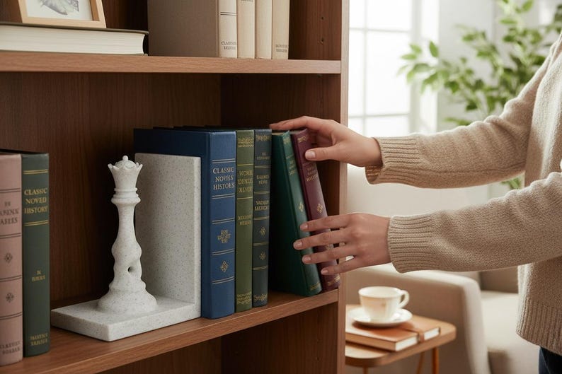 May include: A wooden bookshelf with books and a decorative chess piece. The books have blue, green, and burgundy covers. A white chess queen bookend is on the shelf. A person is arranging the books.
