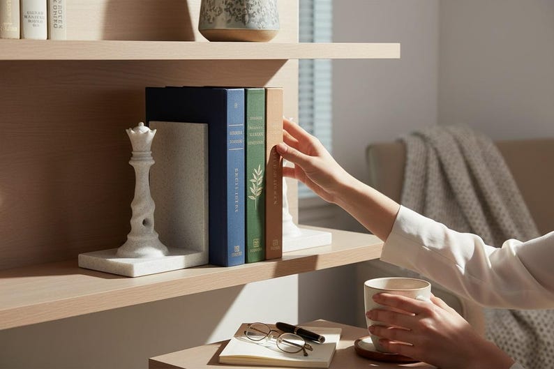 May include: A wooden shelf displays a white marble chess piece bookend and three books. The books are in navy blue, green, and tan. A person's hand reaches for the books. A cup of coffee and reading glasses are on a nearby table.