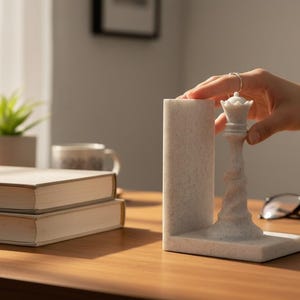 May include: A white marble chess piece, the queen, is held next to a matching marble bookend. The bookend is rectangular and has a textured surface. The chess piece is intricately carved. The scene is set on a wooden table.