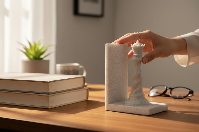 May include: A white marble chess piece, the queen, is held next to a matching marble bookend. The bookend is rectangular and has a textured surface. The chess piece is intricately carved. The scene is set on a wooden table.