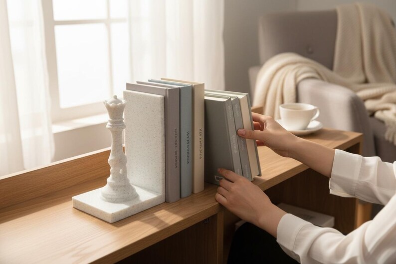 May include: A white marble queen chess piece bookend supports a row of books in various colors. The books are on a wooden shelf, with a window and a chair in the background. The scene is well-lit and has a minimalist aesthetic.