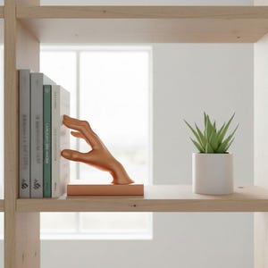 surreal hand bookend on wooden bookshelf holding books upright