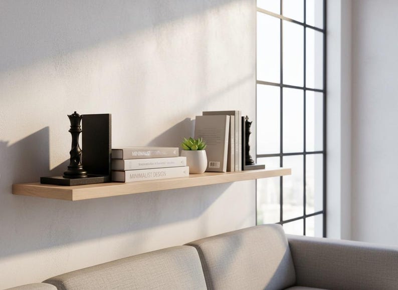 May include: A wooden shelf displays a black chess piece, books, and a small potted plant. The books are stacked and labeled "Minimalist Design". The shelf is mounted on a white wall, with a window in the background.