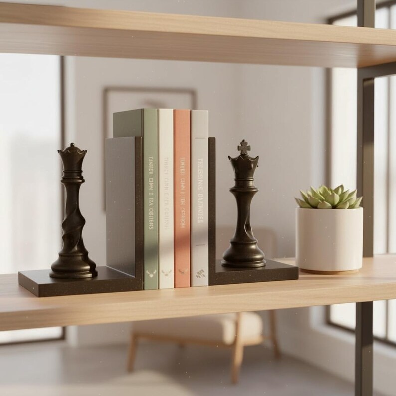 May include: A bookshelf with decorative items. Two black chess pieces, a queen and a king, flank a stack of books with various colored spines. A small potted succulent sits to the right. The shelf is made of light wood.