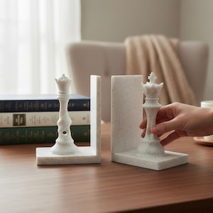 May include: White marble chess queen bookends. The bookends are on a wooden table with books in the background. One bookend is being held by a hand. The queen chess piece is 6 inches tall.