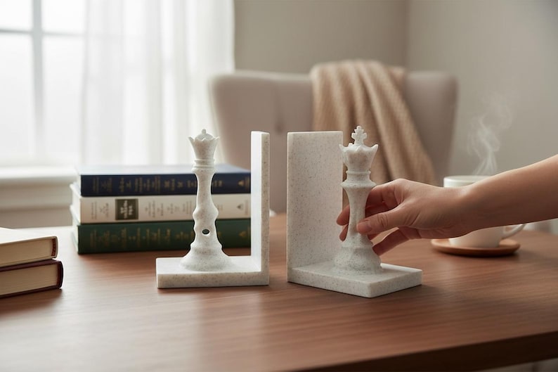 May include: White marble chess queen bookends. The bookends are on a wooden table with books in the background. One bookend is being held by a hand. The queen chess piece is 6 inches tall.