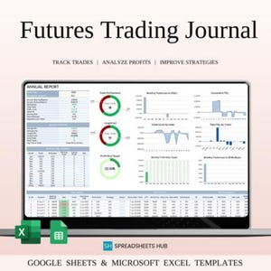 Op de afbeelding: Een laptop met een "Futures Trading Journal" met grafieken en data-analyse. Het scherm toont financiële gegevens, grafieken en tabellen. De tekst luidt "Trades volgen | Winst analyseren | Strategieën verbeteren". Inclusief Google Sheets en Microsoft Excel templates.