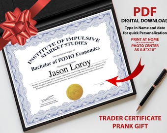 FOMO Trades Certificate -  Gag Gift for all traders -  Funny trader gift idea - DIGITAL DOWNLOAD - Prank Diploma