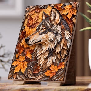 May include: A rectangular plaque featuring a relief carving of a wolf head surrounded by detailed autumn maple leaves in shades of orange, yellow, and brown. The artwork is displayed on a small wooden stand, showcasing textured foliage.