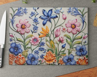 Planche à découper florale en verre trempé, décoration de cuisine de jardin 3D, cadeau de pendaison de crémaillère